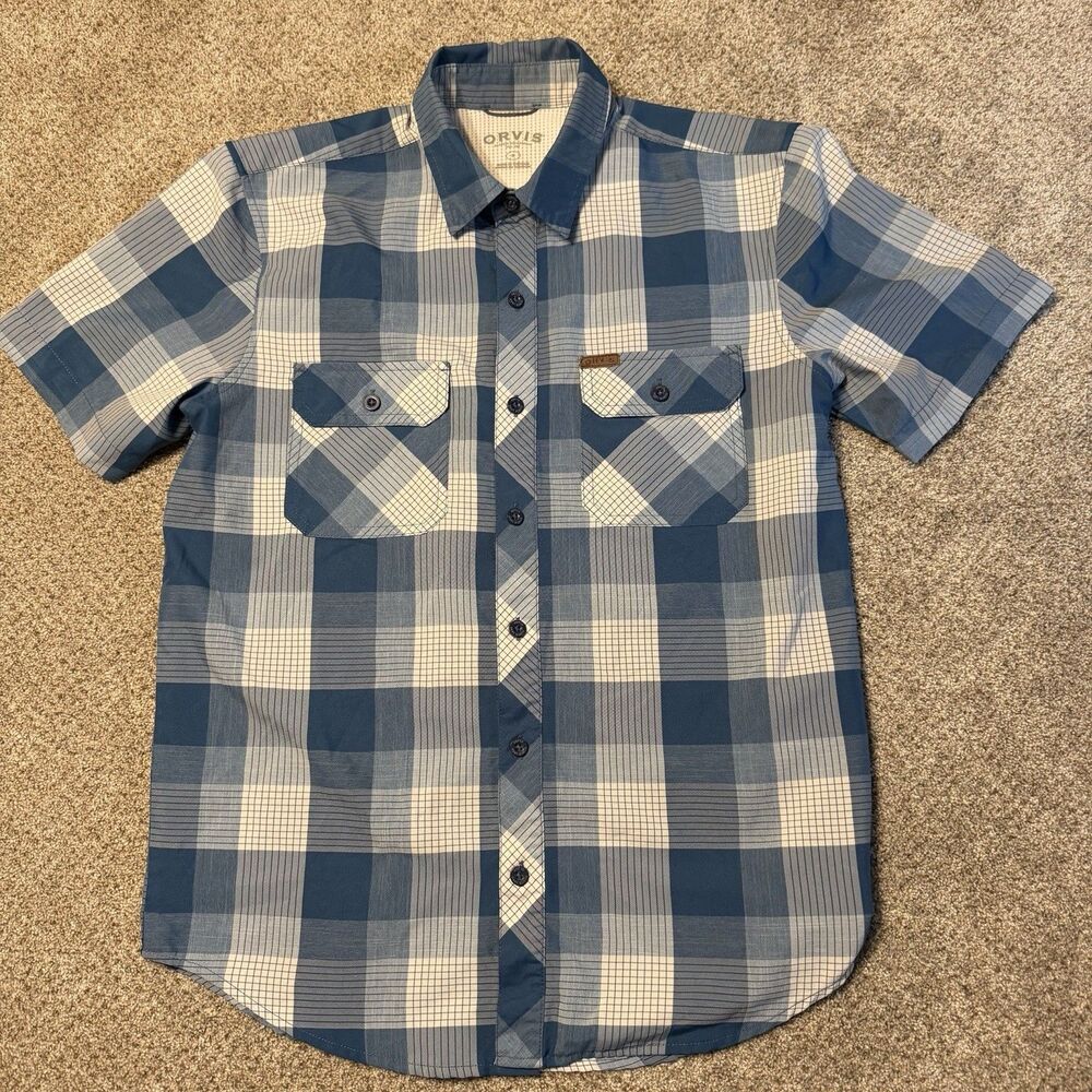 Orvis Mens Performance Tech Button Up Shirt Blue Plaid Short Sleeve Size Small